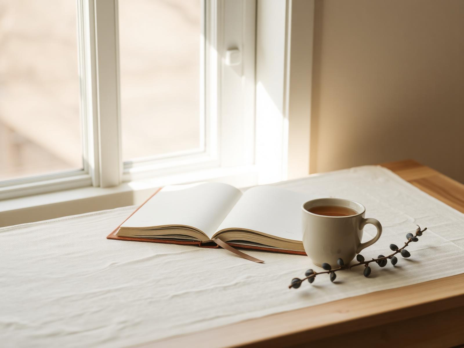 Espacio cálido de reflexión con libro y taza junto a la ventana